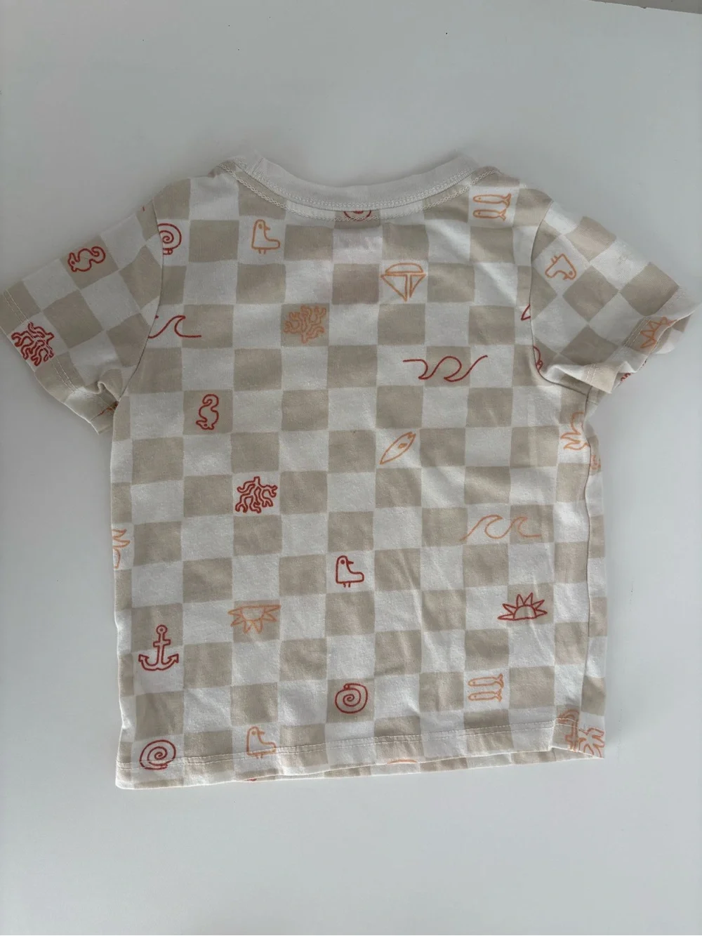 Cat & Jack Beige Checkerboard Tee with Coral Icons and Burgundy Leggings Set 18M